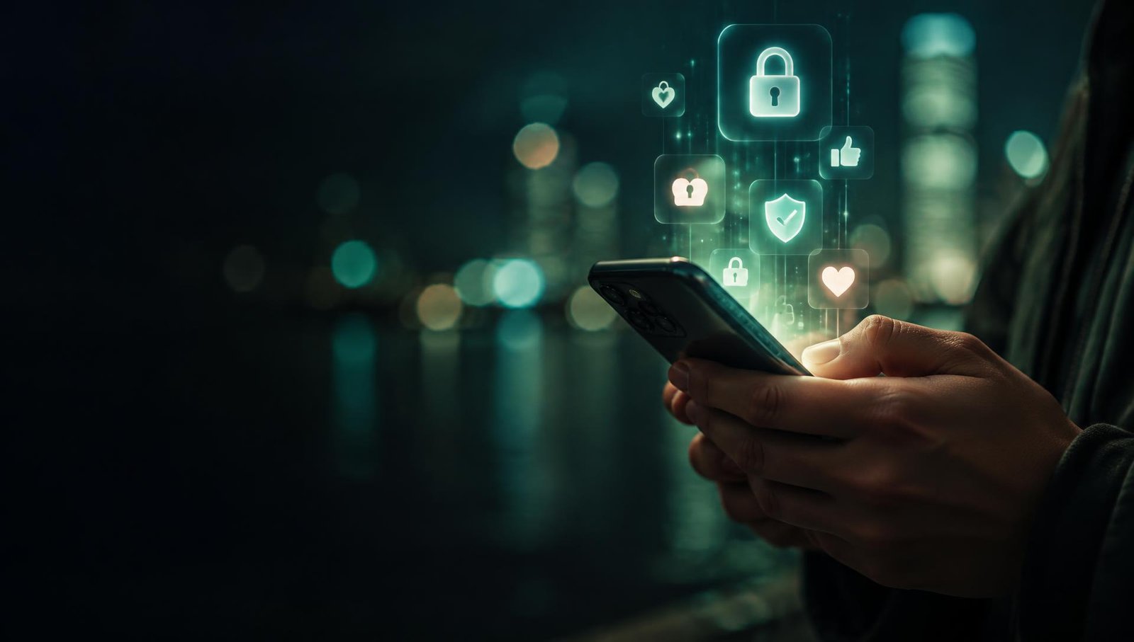 Mão segurando smartphone com ícones de proteção digital